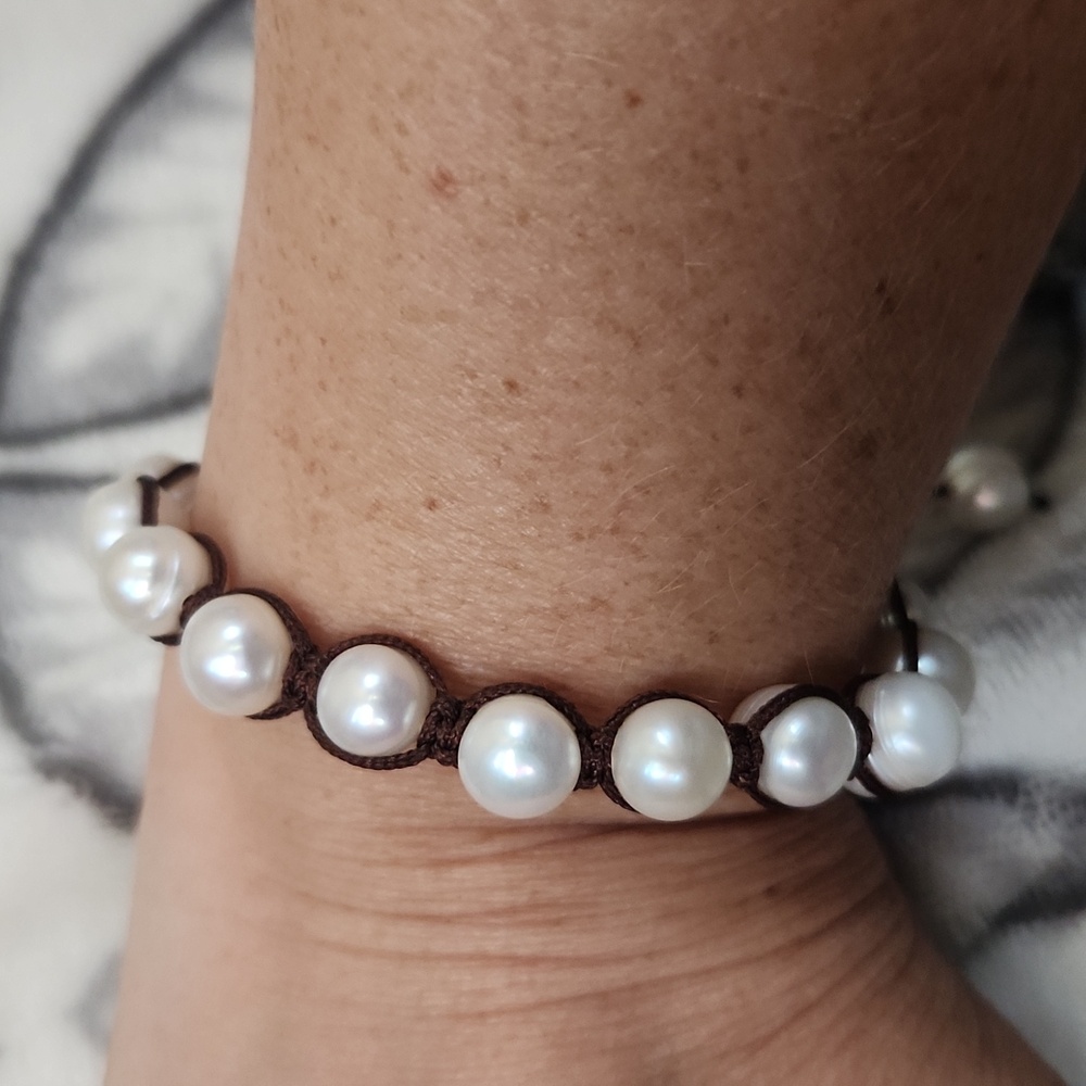 Elegant Freshwater Pearl Bracelet with Brown Cord - Picture 3 of 4